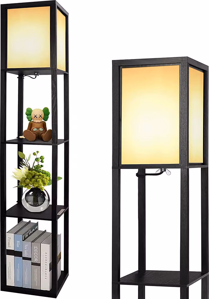 Lampada da terra a LED, con base in legno, attacco E27, mensola angolare, illuminazione per scaffali, lampada da terra per soggiorno, camera da letto, ufficio