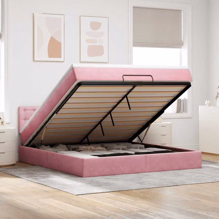 Pouf Letto con Materasso vidaXL in Velluto Rosa e Bianco con LED, Porta USB e Base a Sollevamento L/P/H: 180 x 200 x 88 cm
