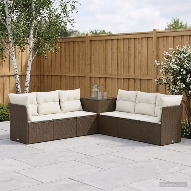Set di divani da giardino moderno vidaXL composto da 7 pezzi in marrone e bianco con struttura in metallo e cuscini inclusi – 1