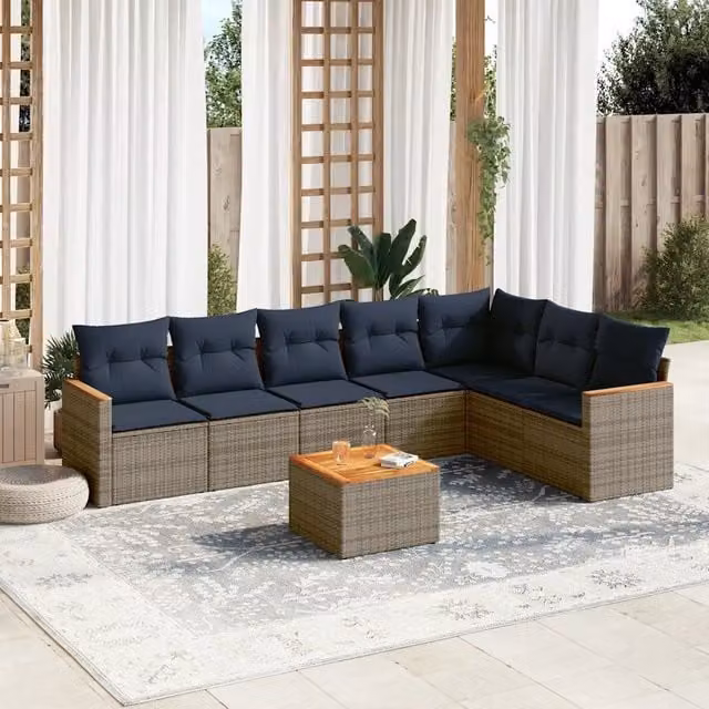 Set da giardino moderno vidaXL composto da 8 pezzi con divano a L, tavolino e cuscini in tessuto blu e grigio con struttura in metallo e legno di acacia