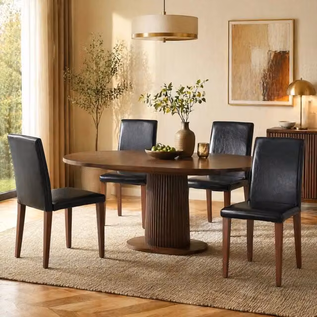 Set 4 sedie da pranzo ULEVR in similpelle nera con gambe in metallo effetto noce, schienale curvo e seduta imbottita