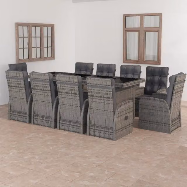Set da pranzo da giardino vidaXL in polyrattan e vetro grigio, 11 pezzi