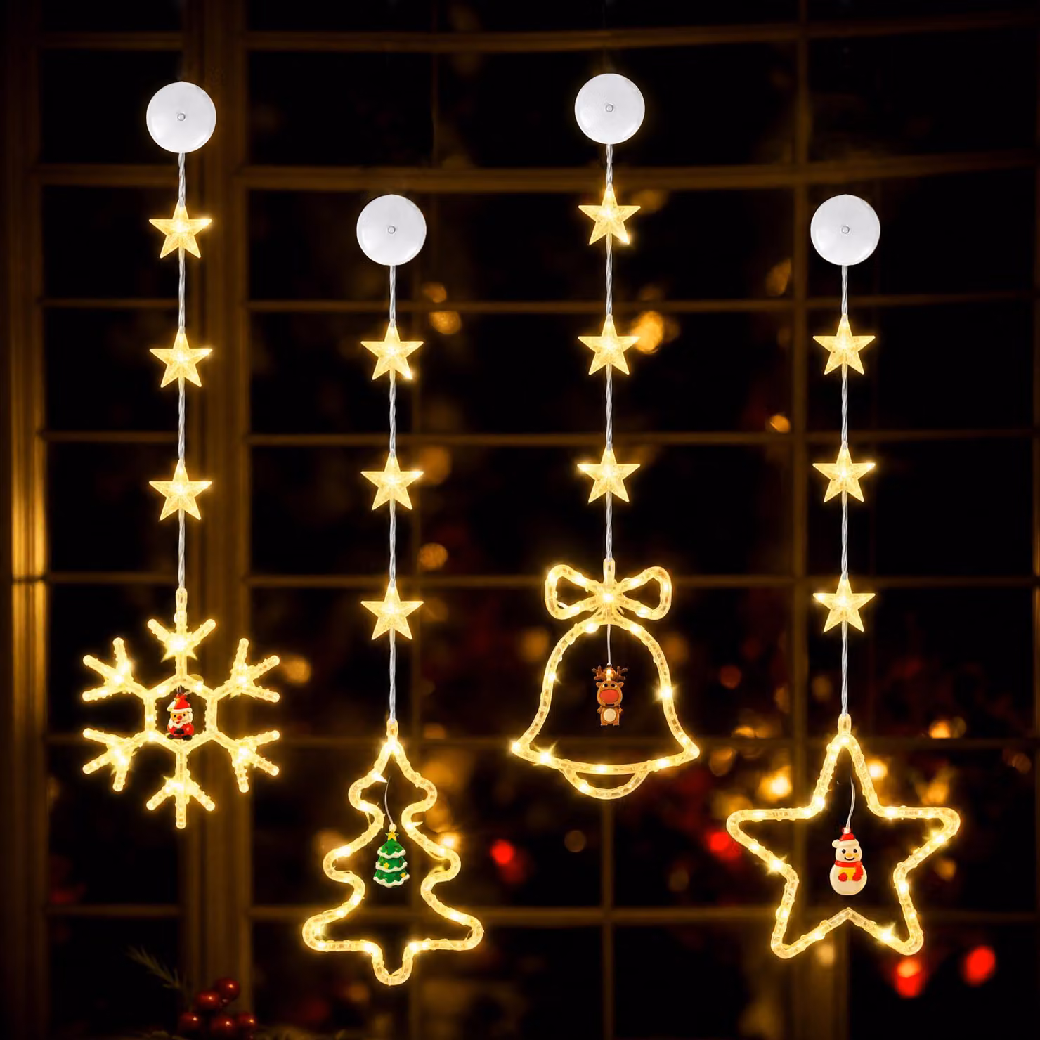 4 luci a LED per finestre, con ventose, luce bianco caldo, alimentate a batteria