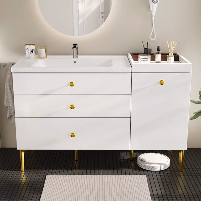 Mobile sottolavabo moderno con lavabo in ceramica, 5 cassetti e vano chiuso, bianco e oro, per bagno, 120 × 47,5 × 80 cm
