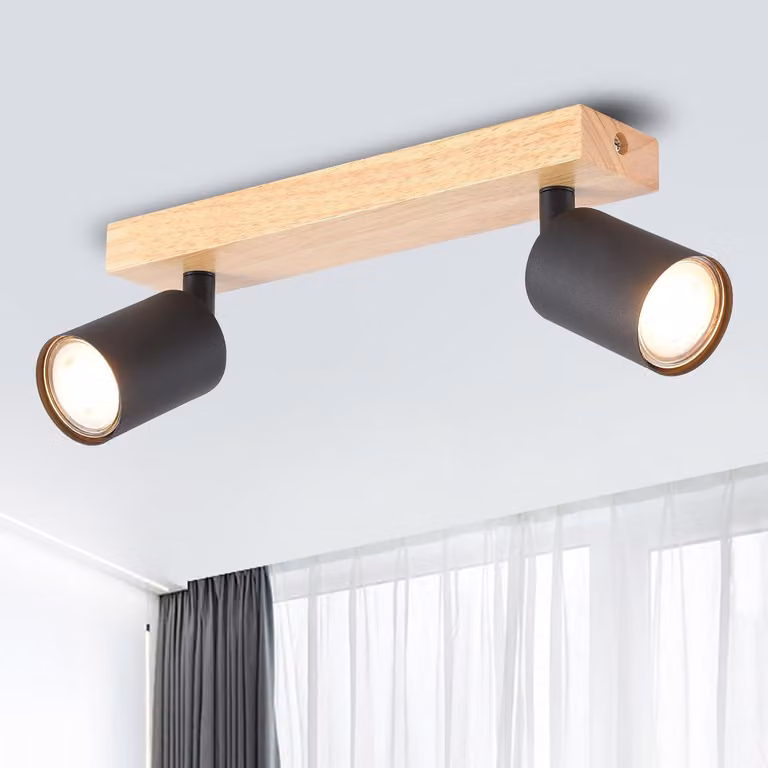 ANWIO, plafoniera LED GU10 in legno, 2 luci, colore nero. Lampada da soffitto GU10, ideale per la cucina. Plafoniera in legno, faretto, lampada da parete per soggiorno, camera da letto, cucina, bagno (senza lampadine). EUS-EA190812