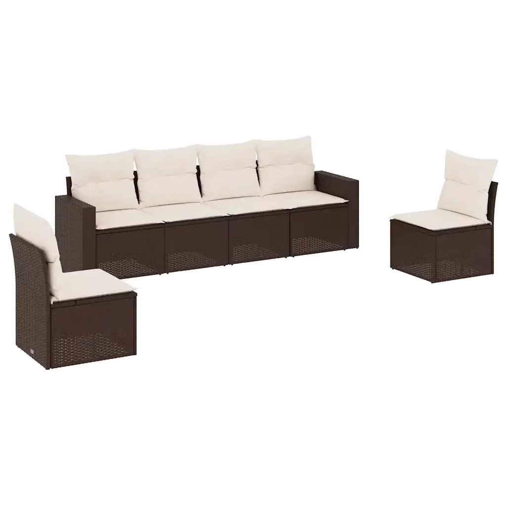 vidaXL Set Divano da Giardino 6 pz a Forma di L in Polyrattan Marrone con Cuscini Bianchi e Struttura in Metallo – 2