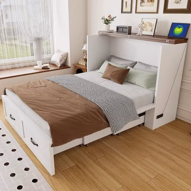 Letto a scomparsa 140x200 cm salvaspazio per 2 persone con presa UE; ruote silenziose e vano contenitore; metallo bianco