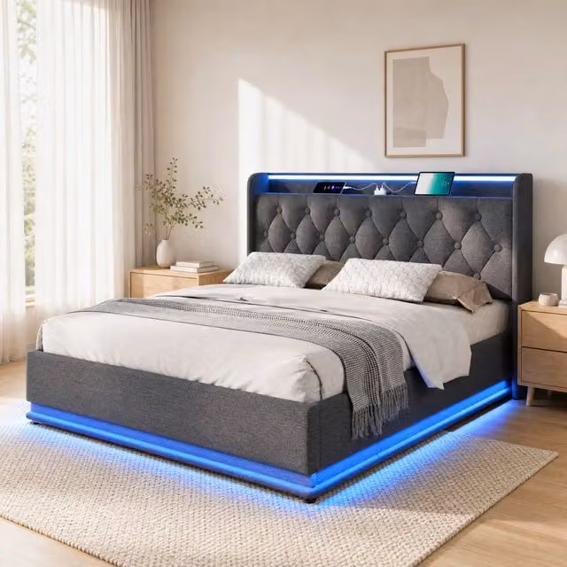 Letto matrimoniale 180x200 cm con LED; contenitore idraulico; USB e Type-C; grigio in lino