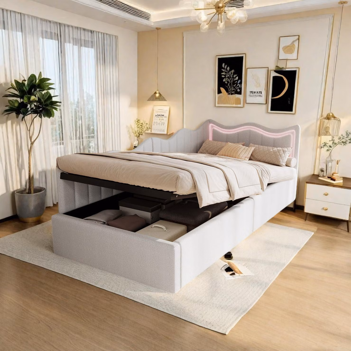 Letto imbottito trasformabile in divano, 90x200 cm, letto per ragazzi con testiera LED e spazio contenitore a sollevamento idraulico, struttura letto singola trasformabile in divano, bianco, rivestito in velluto