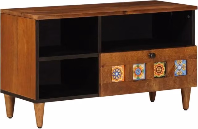 Mobile porta TV rettangolare moderno 80 x 33 x 46 cm pratico contenitore stile pulito finitura in legno di mango e noce 02_0057802