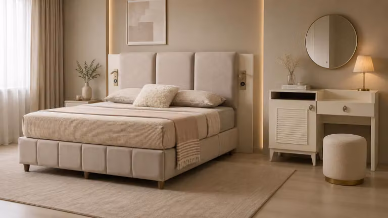 Set per camera da letto: letto, testiera, comodino. Design moderno, colore beige, confortevole ed elegante