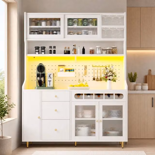 Mobile alto ULEVR 145x39x171 cm con ante scorrevoli in vetro, ripiani regolabili, LED smart e portabicchieri, bianco