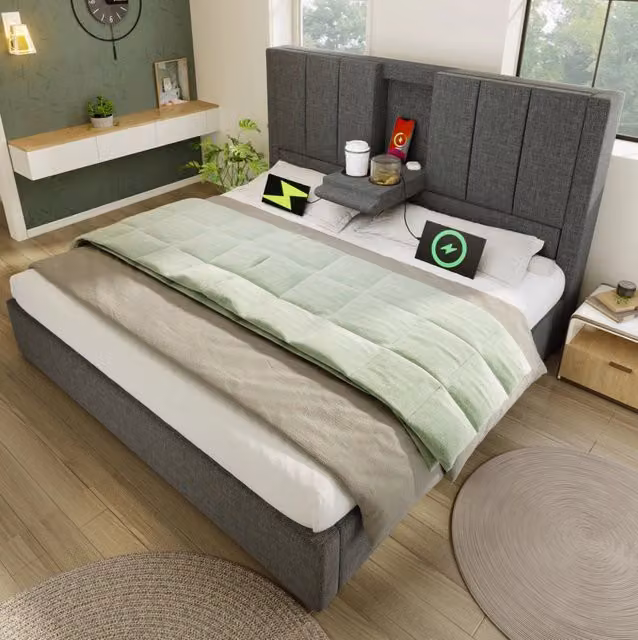 Letto matrimoniale MODFU imbottito in lino grigio con contenitore, materasso e prese USB L/P: 160 x 200 cm