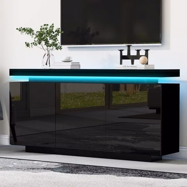 Credenza moderna Chicfurn per soggiorno con 2 ante, 3 cassetti e illuminazione LED integrata, finitura nera lucida, L: 140 cm, P: 38 cm, H: 72 cm
