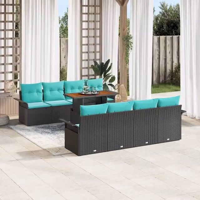 Set Divano da Giardino 9 pz Nero Poly Rattan 3358048
