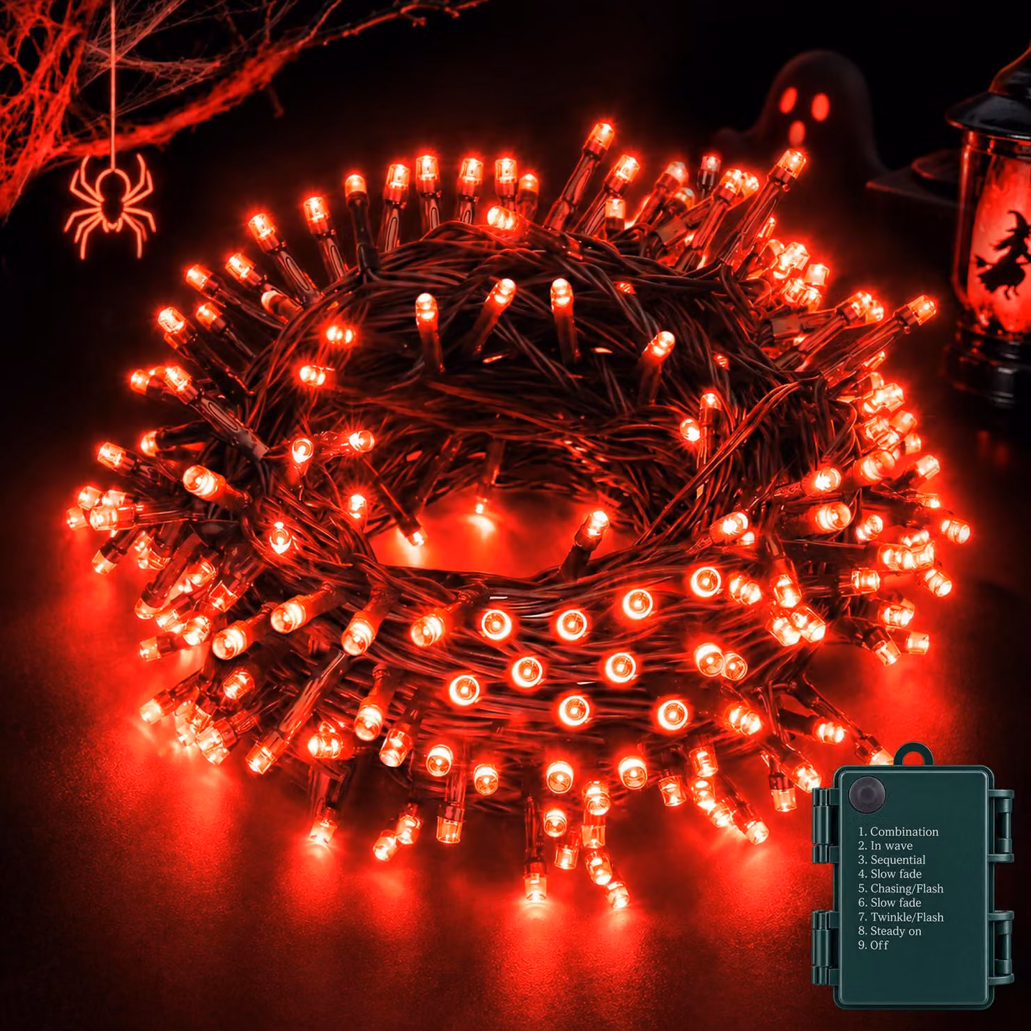 Catena luminosa a LED, 10 metri, 100 LED rossi, grado di protezione IP44, con timer, alimentazione a batteria