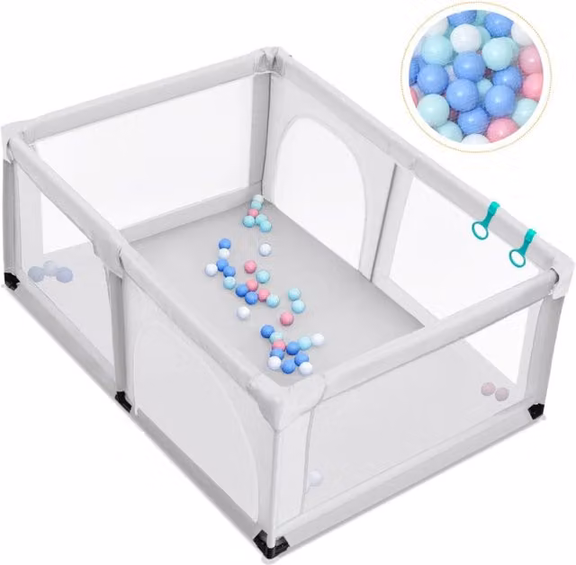 Centro attività portatile per bambini Design Mania con cancello extra large e rete traspirante, Grigio