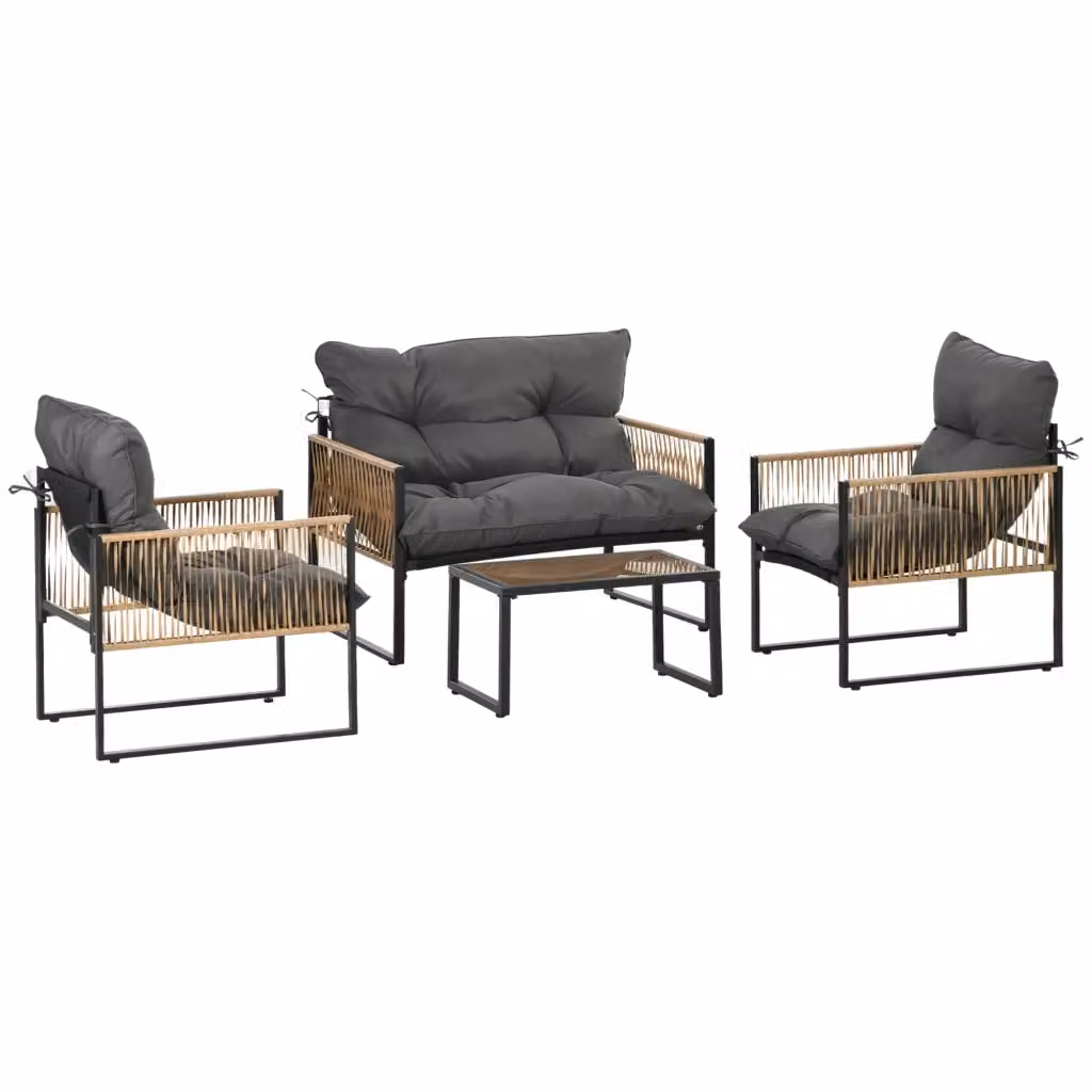 Set salottino da giardino MODFU composto da 4 pezzi in rattan con cuscini e tavolino in vetro, colore grigio – 2