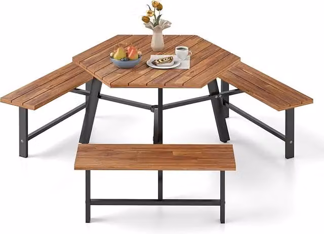 Set da Picnic Costway in Legno di Acacia e Metallo con Tavolo Rettangolare e 3 Panche, Colore Marrone e Nero per Giardino e Terrazza