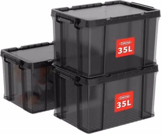 Set di 3 scatole di archiviazione impilabili in plastica con coperchio, 35L, nero