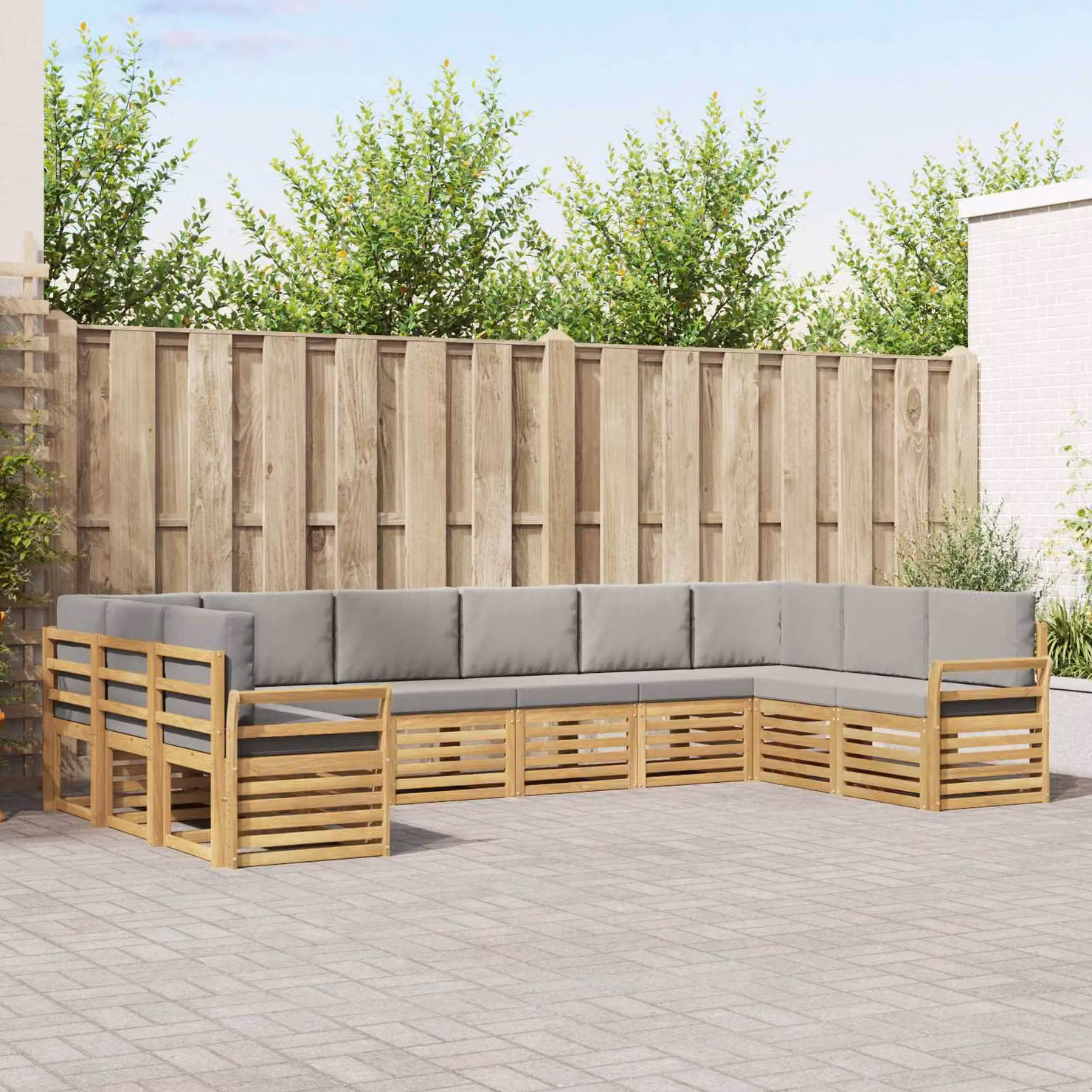 Set di divani da esterno vidaXL 10 pezzi in legno di acacia con cuscini bianchi e grigi a forma di L per giardino e terrazza