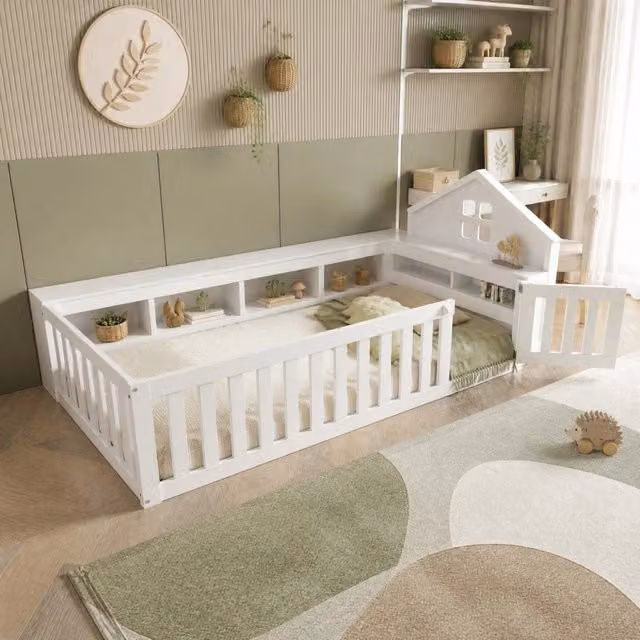 Letto a pavimento per bambini 90 x 200 cm con tetto; finestra; vani portaoggetti e sponde; bianco