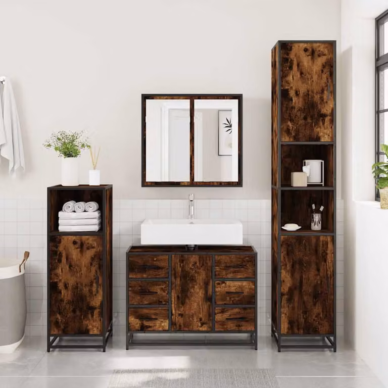 Mobile Lavabo da Bagno vidaXL in Rovere Fumo e Metallo, Stile Industrial, L 60 x P 30 x H 60 cm