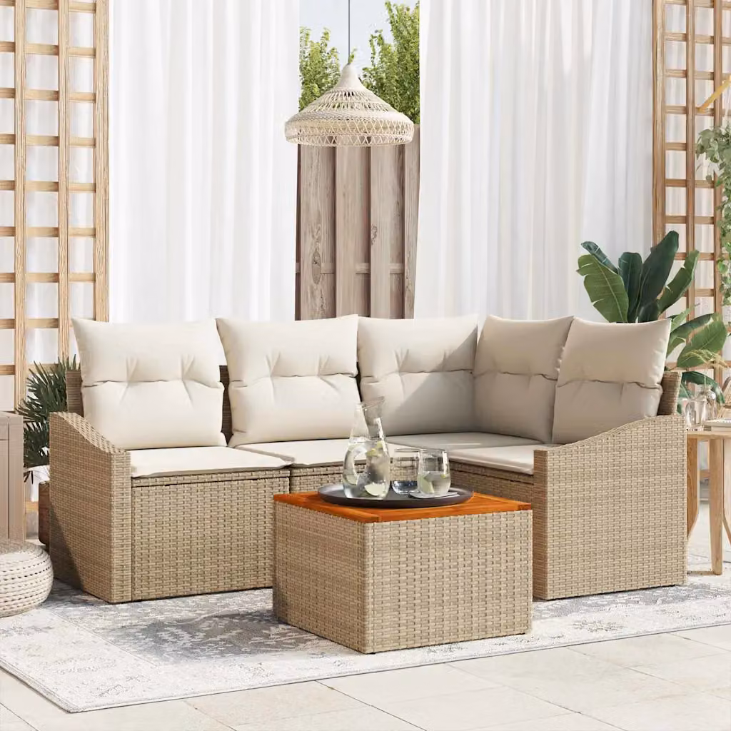 Set Divano da Giardino vidaXL 5 Pezzi a Forma di L con Tavolino e Pouf Beige con Cuscini e Struttura in Metallo