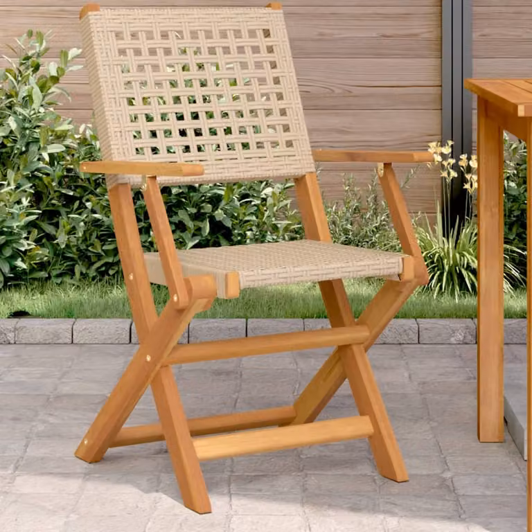 Set di 2 sedie pieghevoli vidaXL in legno di acacia oliato e polyrattan beige con braccioli per giardino e terrazzo