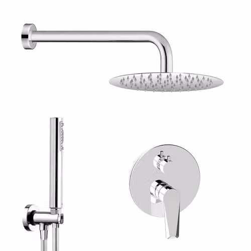 Set doccia a incasso Cristallo con braccio e soffione 25 cm in acciaio inox, kit doccino con presa d’acqua, supporto e flessibile