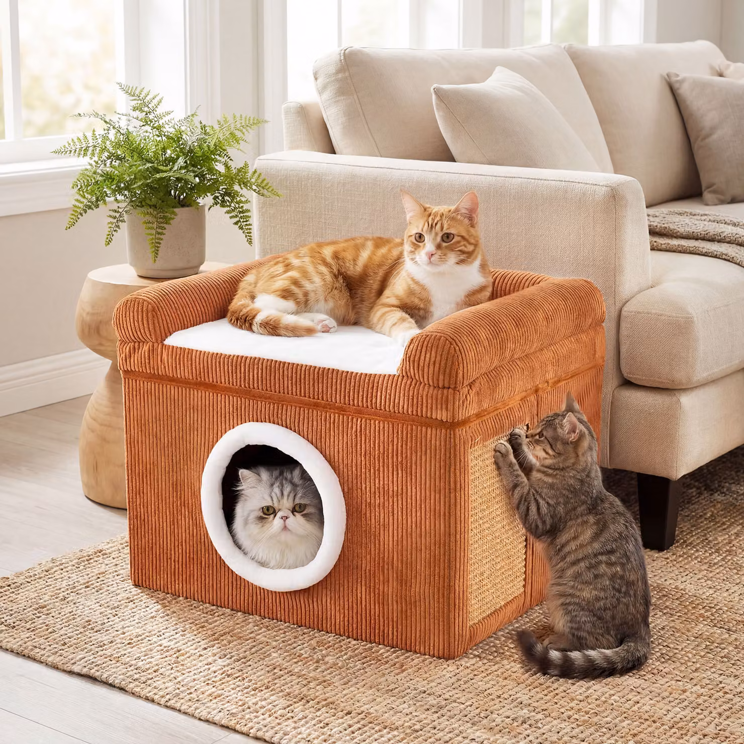 Grotta per gatti Costway con cuscino morbido e tiragraffi in sisal, fondo antiscivolo, colore marrone