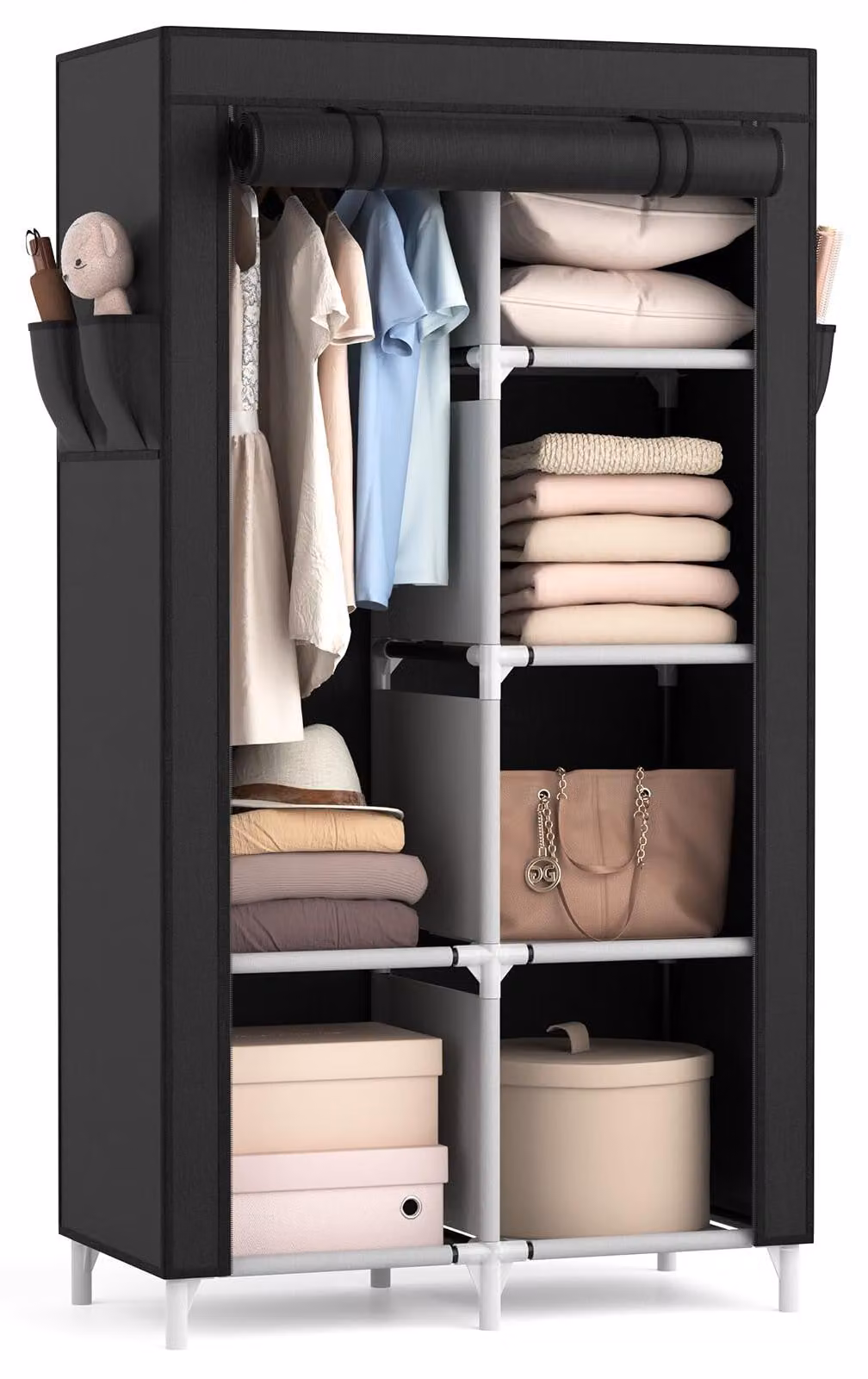 Armadio in tessuto con barra appendiabiti, 6 scomparti, 84x42x162 cm, colore nero
