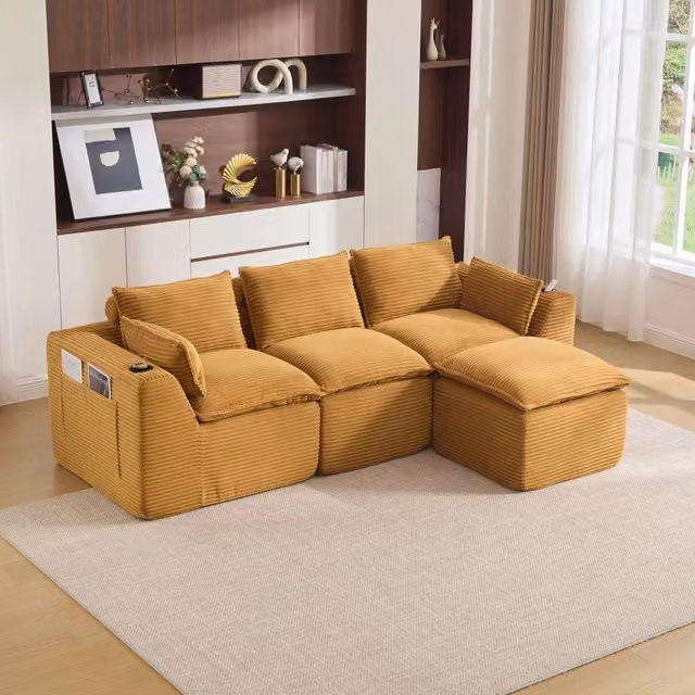 Divano modulare 256x161x75 cm con pouf e tasche laterali in velluto a coste arancione
