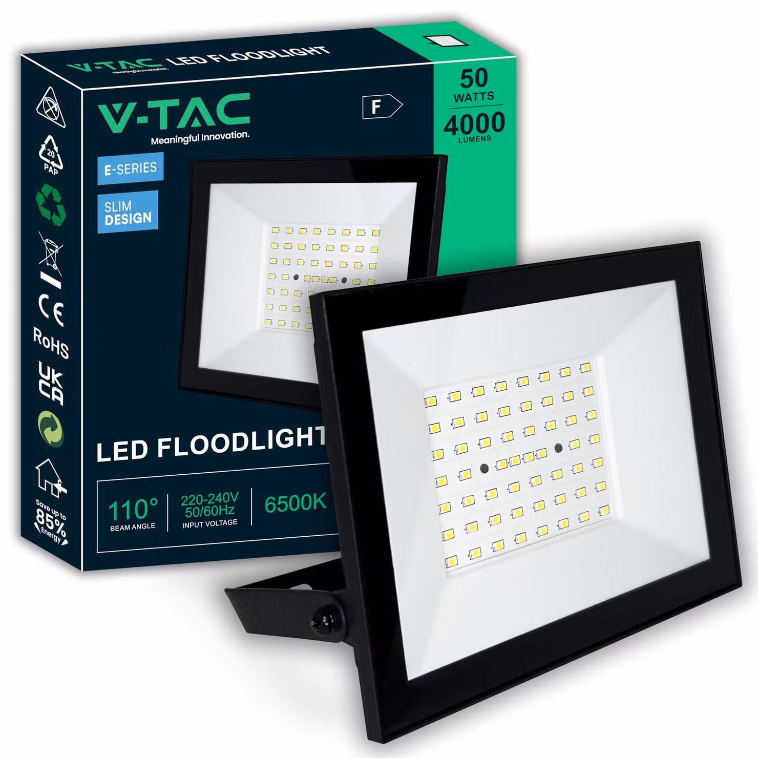 Proiettore LED V-TAC da esterno, 50W – [Serie E – Alta potenza, basso consumo] – Design super sottile – 4000 lumen – Grado di protezione IP65 – Faretto per casa, garage e magazzino – Lampada esterna da 50 watt – Bianco freddo 6500K