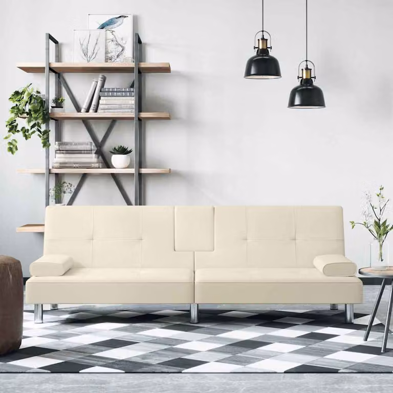 vidaXL Divano Letto Moderno in Similpelle Beige con Portabicchieri
