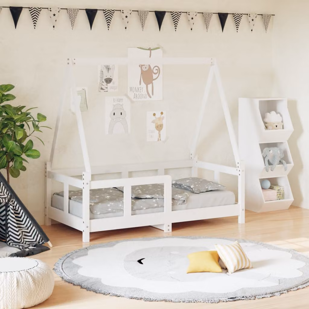 vidaXL Giroletto per Bambini in Legno Massello di Pino Bianco L: 140 cm, P: 70 cm, H: 75,5 cm