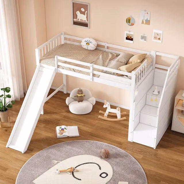 Letto a soppalco FOLYNA per bambini in legno di pino e MDF bianco con scivolo, scala e contenitore, L/P/H: 200 x 90 x 147 cm