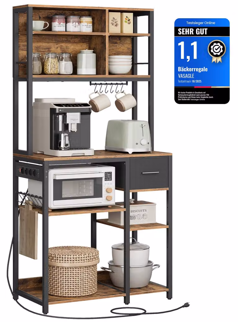 VASAGLE, scaffale da cucina con prese elettriche, scaffale autoportante, 40 x 80 x 180,8 cm