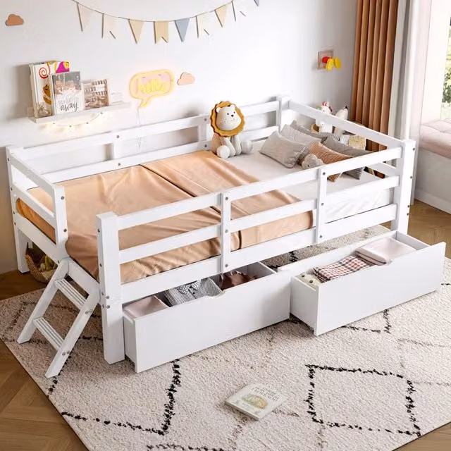 Letto a piattaforma 90x200 cm con barriera di protezione e 2 cassetti; bianco