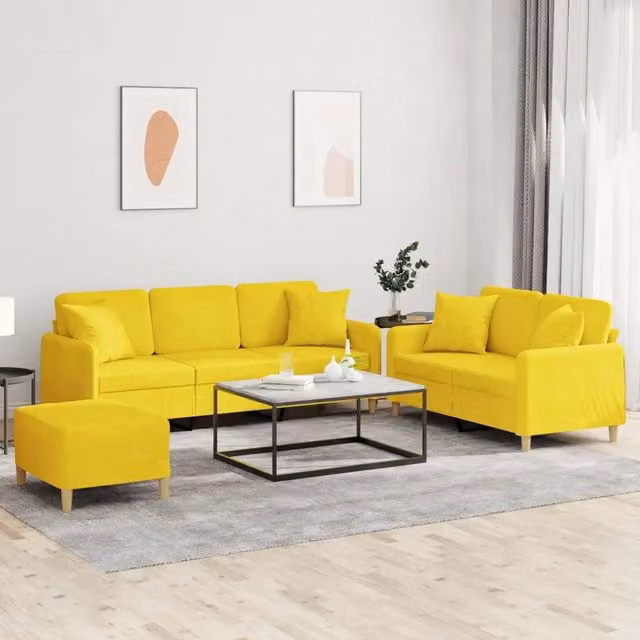 Set di Divani 3 pz con Cuscini Giallo Chiaro in Tessuto 3202147