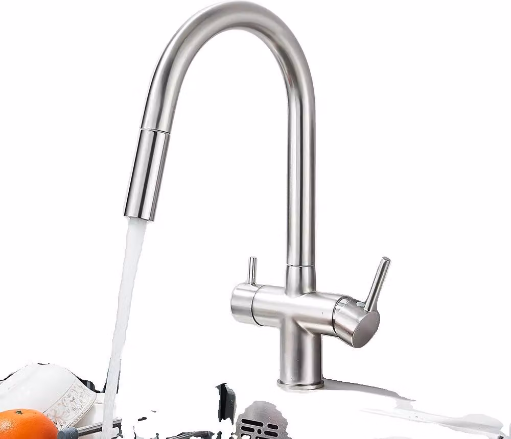Rubinetto da cucina estraibile Clean Water, doppia maniglia, montaggio a ponte, cartuccia in Vetroceramica, nichel spazzolato