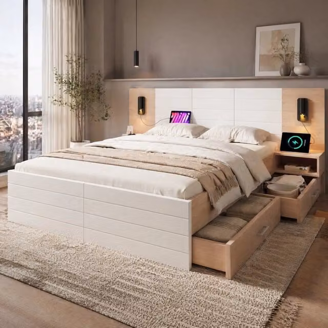 Letto matrimoniale 180x200 cm con 2 cassetti e 2 comodini; luce da lettura 360° e USB; bianco/rovere
