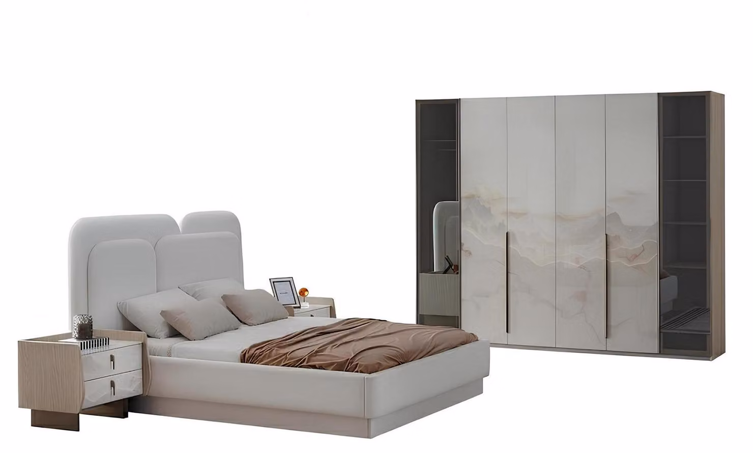 Set da camera da letto: comodino, letto, colore bianco, stile moderno, testiera, nuovo