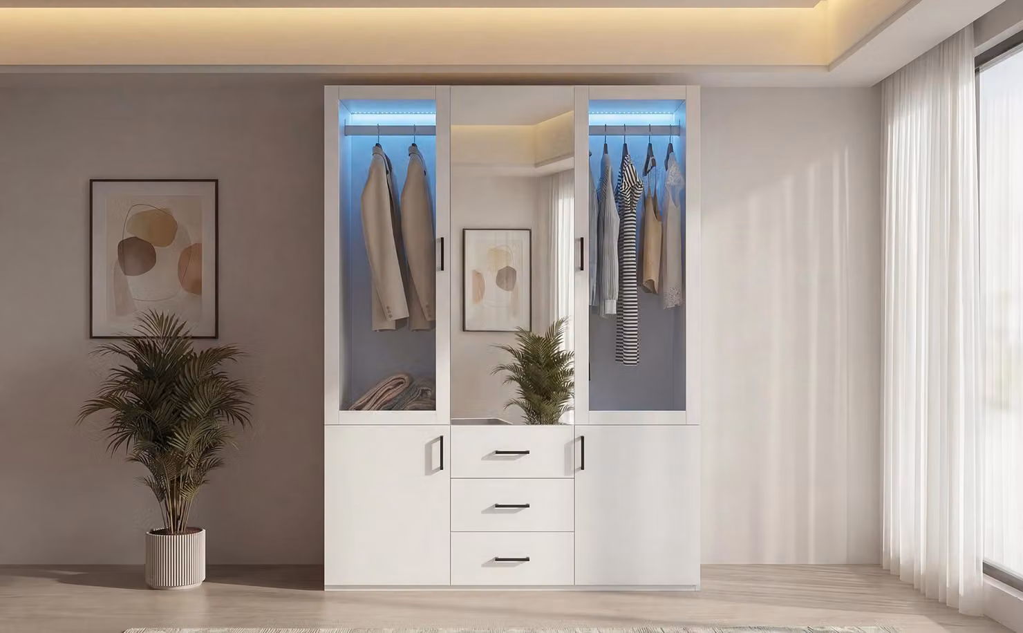 Armadio ProximaX 130 cm bianco con illuminazione a LED – ante in vetro e 3 cassetti, mobile moderno per la camera da letto