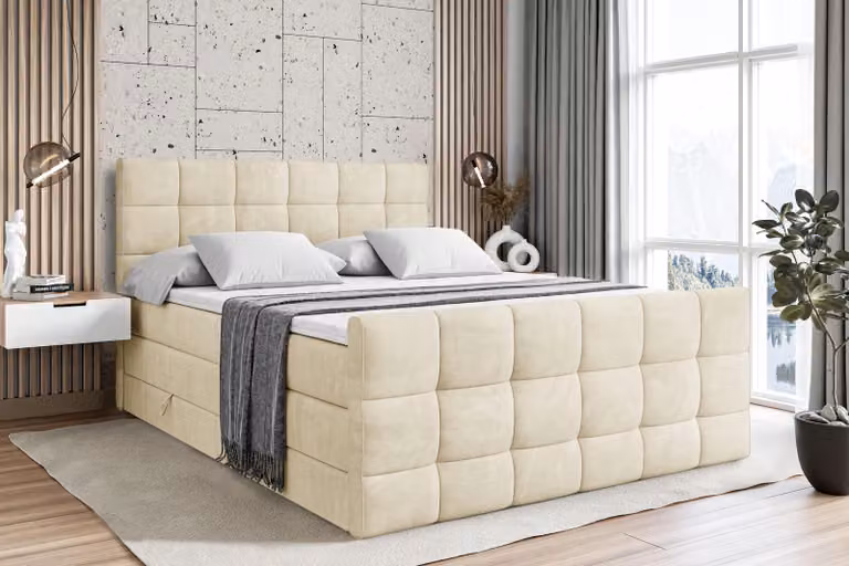 Letto boxspring ALTDECOR con materasso e rete a doghe - APO -Z KING - 120x200 cm - Beige Monolith - Coprimaterasso, pediera, letto imbottito con contenitore, letto con vano portaoggetti H3 e H4 - Materasso, letto matrimoniale, letto boxspring