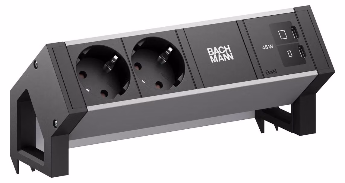 BACHMANN DESK2 ALU NERO 2xCEE7/3, 1xUSB C/C 45 W L=0,2 m RAL9005
