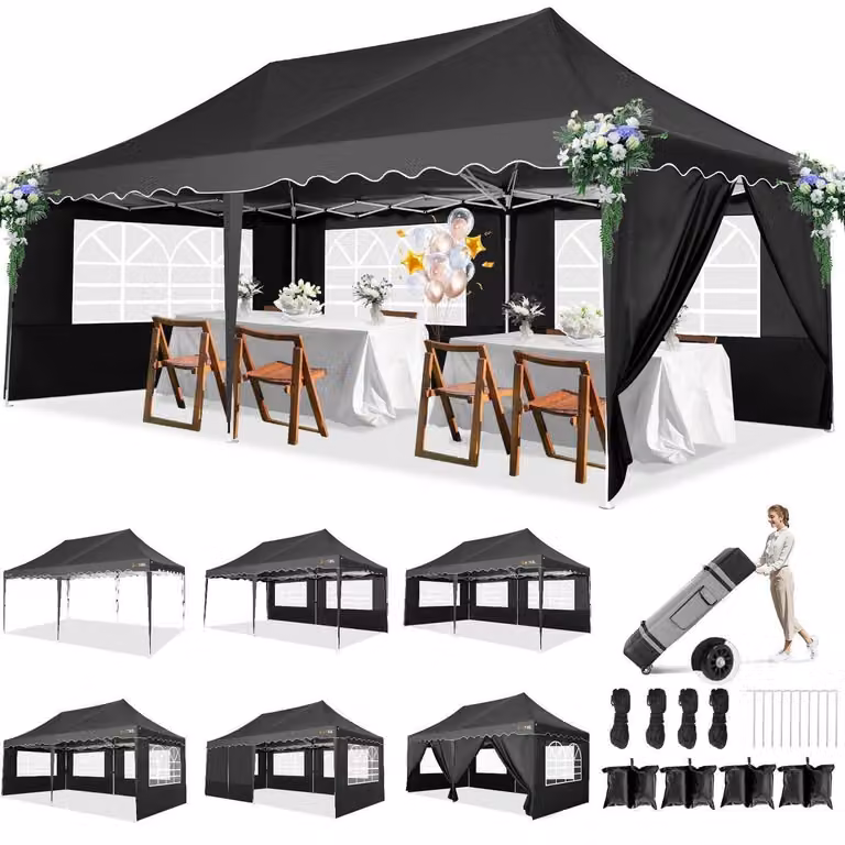 Tenda da festa impermeabile 3x6 metri, stabile, con protezione UV 50+, dotata di 6 pareti laterali, colore nero