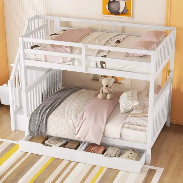 Letto a castello OKWISH per bambini in pino e MDF bianco con scala dotata di ripiani e 2 cassetti, L/P/H: 200 x 140 x 160,5 cm