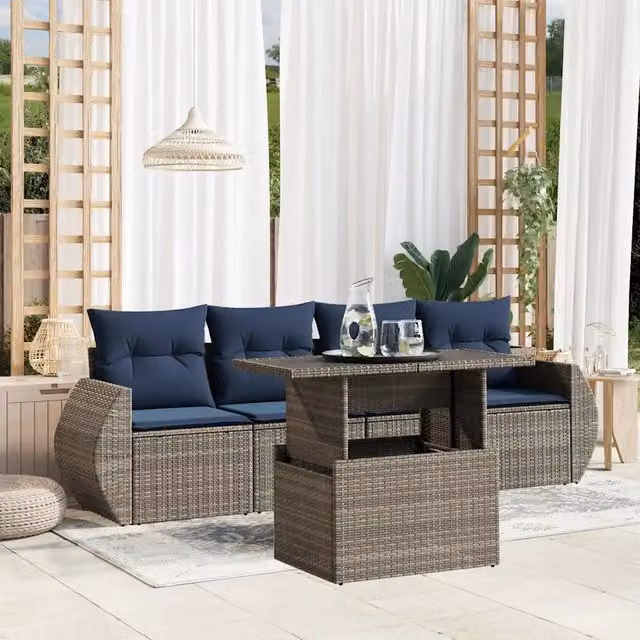 Set da giardino vidaXL composto da 5 pezzi con cuscini in polyrattan e struttura in metallo, colore grigio e blu – 1
