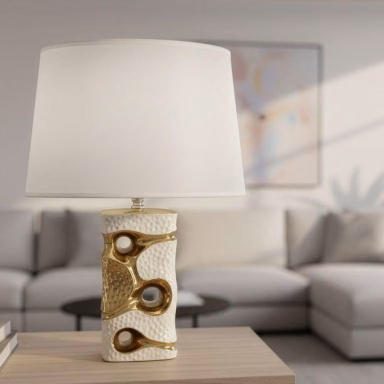 Lampada da tavolo Florida, in Vetroceramica strutturata, 30x43,5 cm, bianca e dorata, design Mauro Ferretti